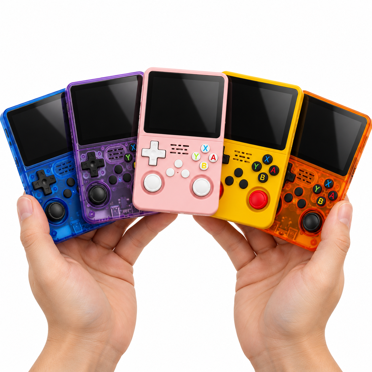 Five colourful PixelBoy consoles held together in two hands